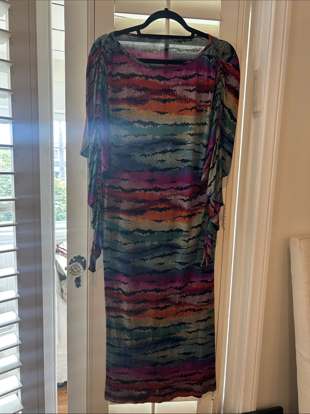 Vintage Multicolor Wave-Print Midi Dress in Teal, Purple & Rust 100% Silk